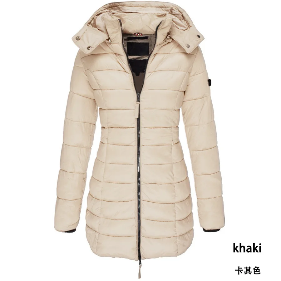 Winter Women's Cotton-padded Jacket Mid-length Slim-fit Waist Warm Down Jacket Solid Color Zipper Hooded Top