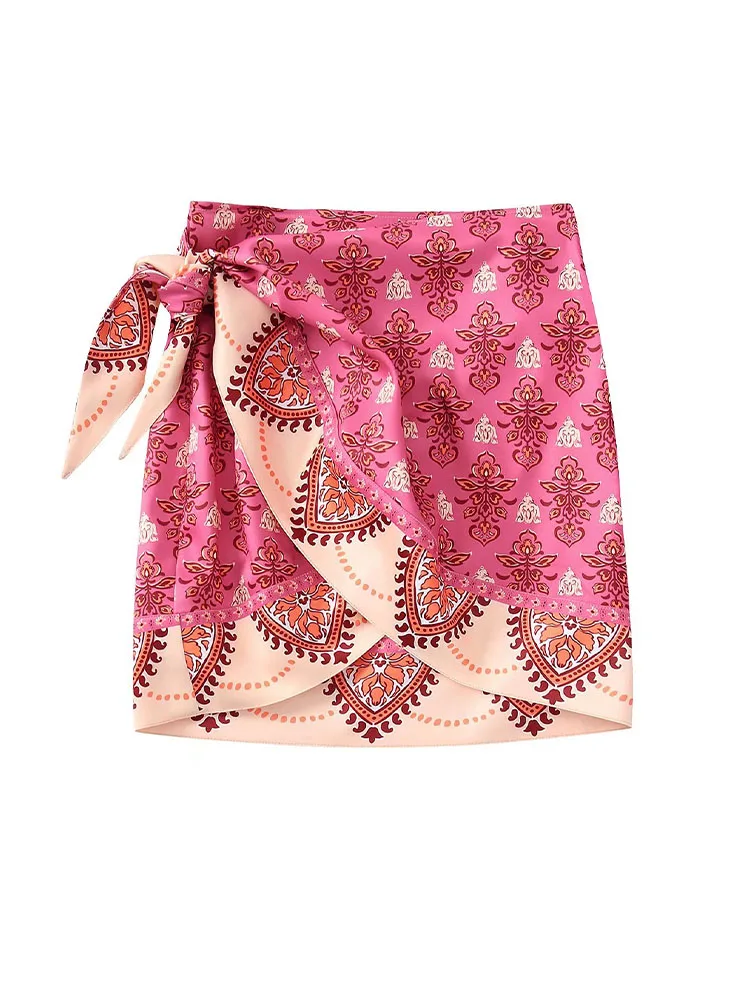 

Women 2022 summer New Fashion Print sarong Mini Skirt Vintage High Waist With Knot Female Skirts Mujer 2183/241