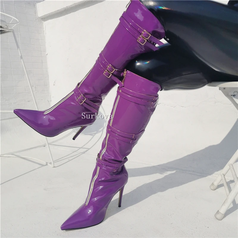 Sexy Pointed Toe Patent Leather Belt Buckle Boots Purple Knee High Boots Thin High Heels Large Size Stiletto Woman Elegant Shoes