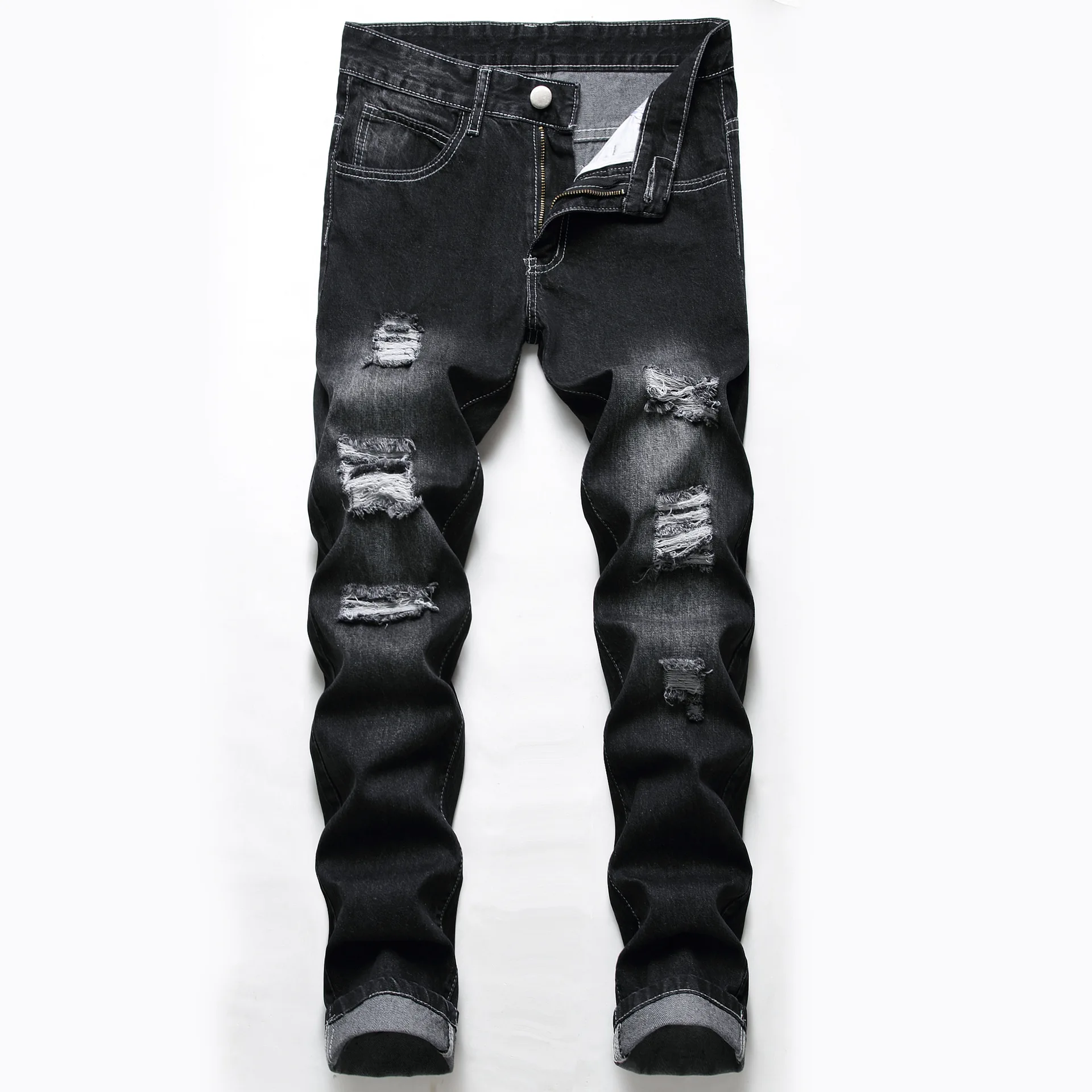 

New High Quality Ripped Jeans Men Black Gray Simple Straight Slim Fit Large Size Street Ripped Pants