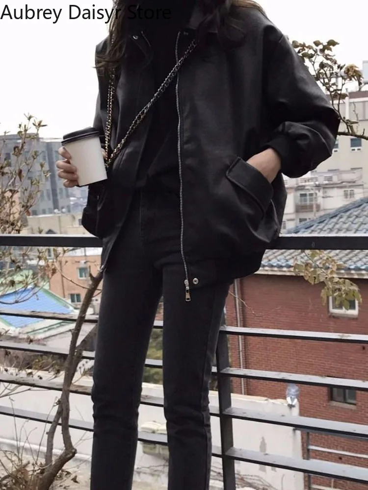 Korean Fashion Black Leather Jacket Women Outwear Moto Biker Zipper Pu Coat Winter Warm Loose Streetwear Faux Leather Jacket Y2k