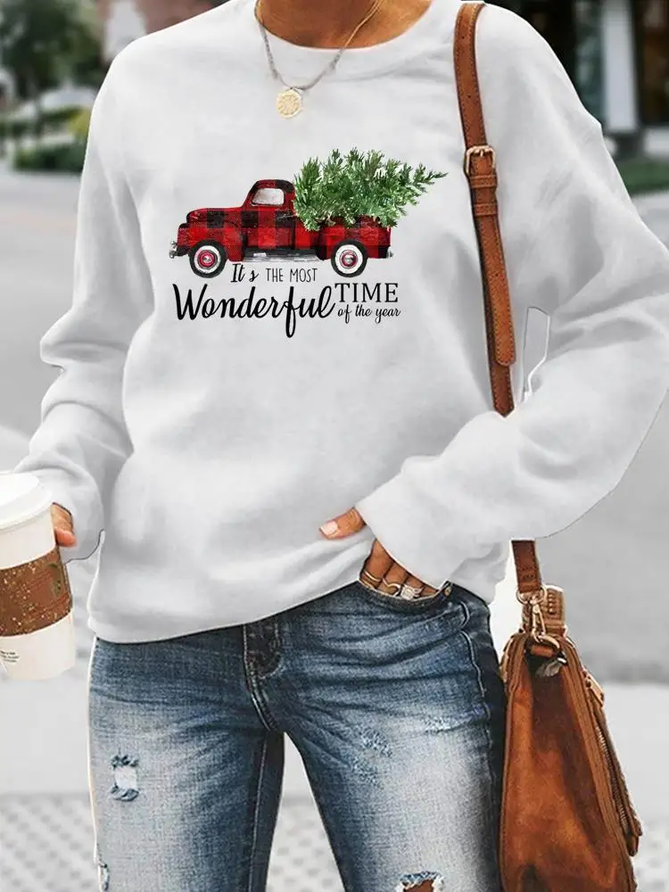 

Truck Tree Letter 90s Trend Sweatshirts Women Holiday Merry Christmas Fashion Clothing Casual Female Print Graphic Pullovers