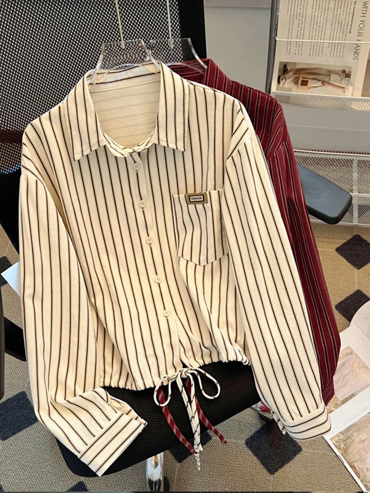 Женская рубашка-поло в полоску с длинным рукавом и бантом