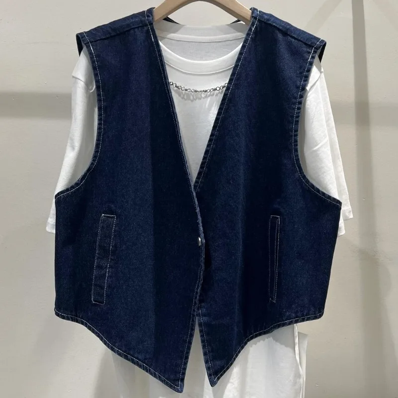 

Vests Women Denim New Chic BF Style Solid Ulzzang Vintage Streetwear Spring Casual Ins V-neck Design Minimalist Coats Sleeveless