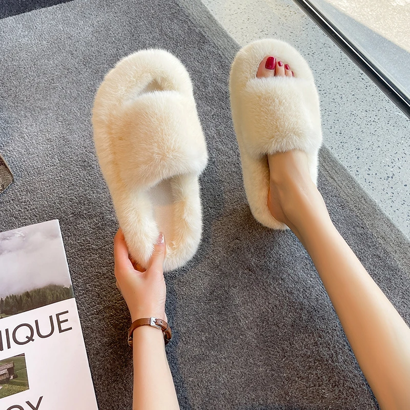 Fluffy Slippers Furry Woman Men Sabot Plush Flat Comfortable Elegant Indoor Bedroom House Shoes Winter Home Big Size Soft Warm