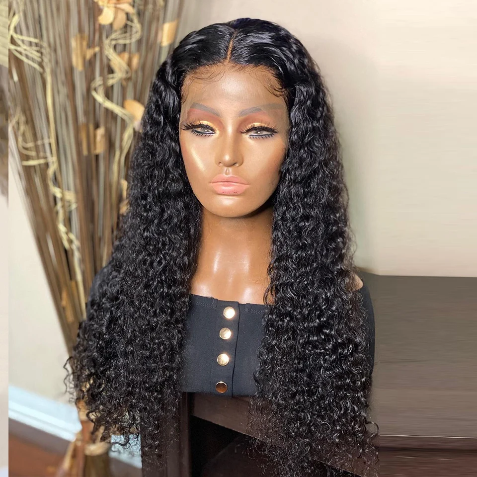 

Preplucked 26Inch 180%Density Long Natural Black Soft Kinky Curly Glueless Deep Lace Front Wig For Women BabyHair Daily Cosplay