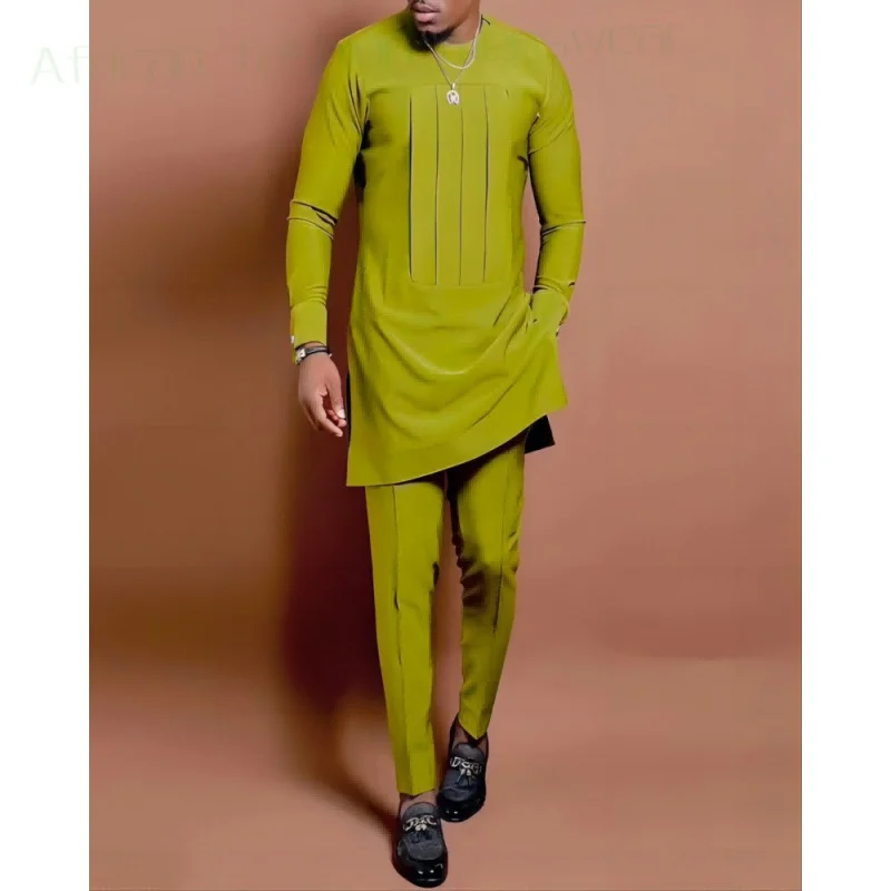 2023 African New Man's Suit Casual Fashion Pleated Ethnic Style Shirt and Pants Slim Fit 2-Piece Set