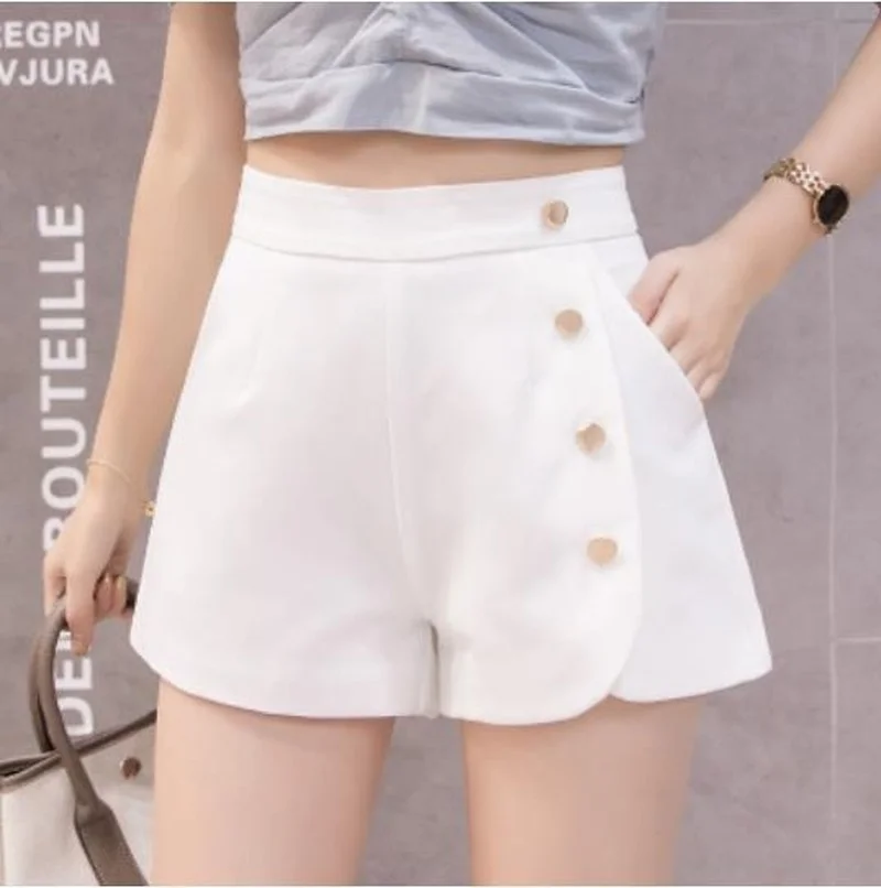 Women Summer High Waist Buttons Chiffon Shorts Patchwork Zipper Black White Office Lady Work Wear Female Elegant Shorts Loose