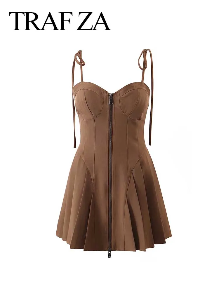 

TRAFZA Women's Summer Sexy Seaside Casual Retro Dresses Party A-LINE Mini Dress Ladies Low Cut Backless Pleated Slip Dress Y2k