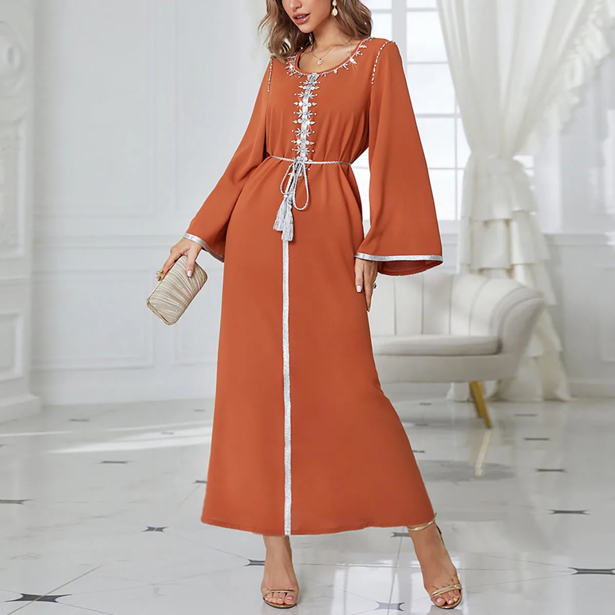 

New Arrival Women Round Neck Symphony Rhinestone Middle East Kaftan Dress Abaya
