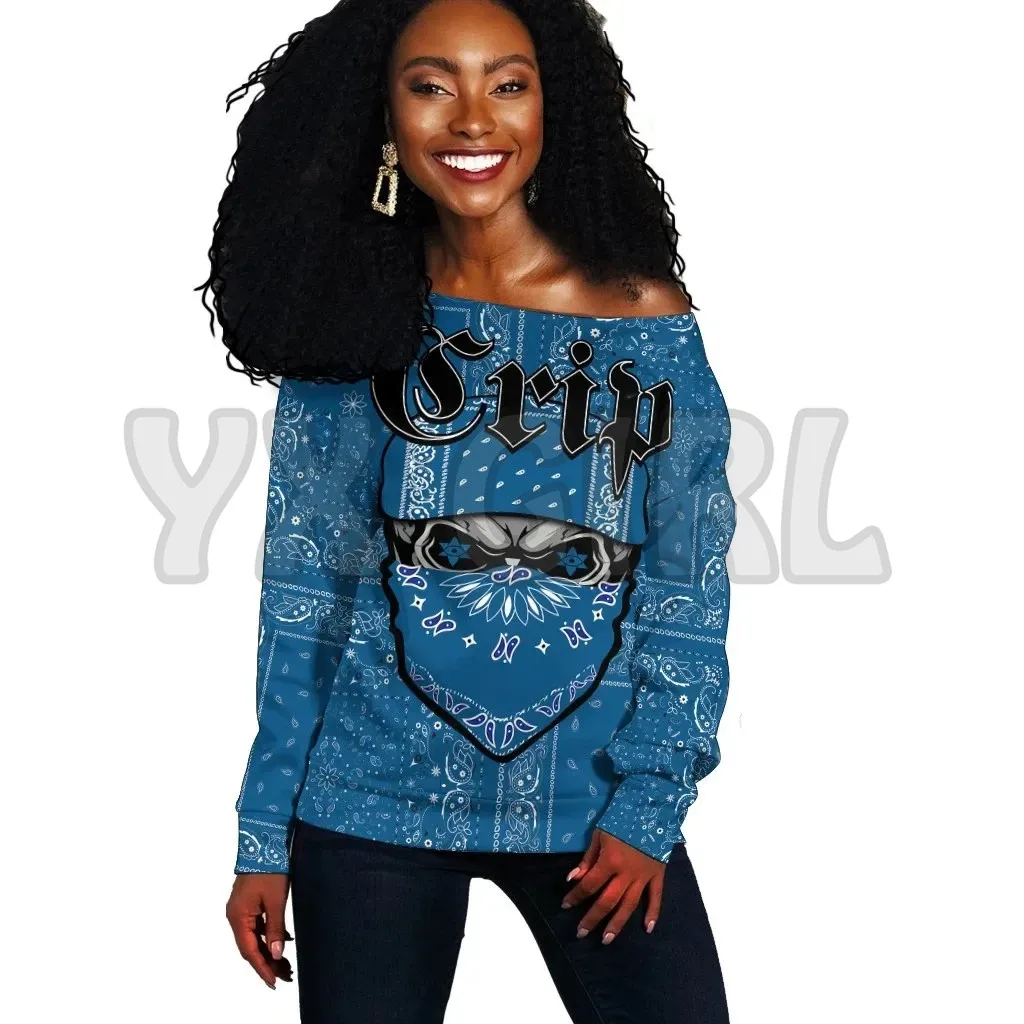 YX GIRL Crips Gang Off Shoulder Sweater - Special Skull  3D Printed Novelty Women Casual Long Sleeve Sweater Pullover