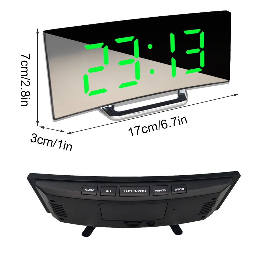 Led Alarm Clock Digital Children Electronic Alarm Clocks Curved Screen Mirror Temperature Clock with Snooze Function Desk Clock images - 6