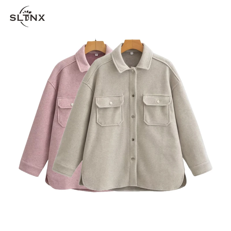

SLTNX Fashion Wool Coat for Women 2023 Autumn Winter Chic Turndown Collar with Pockets Jackets Coats Ladies Solid New Outerwear