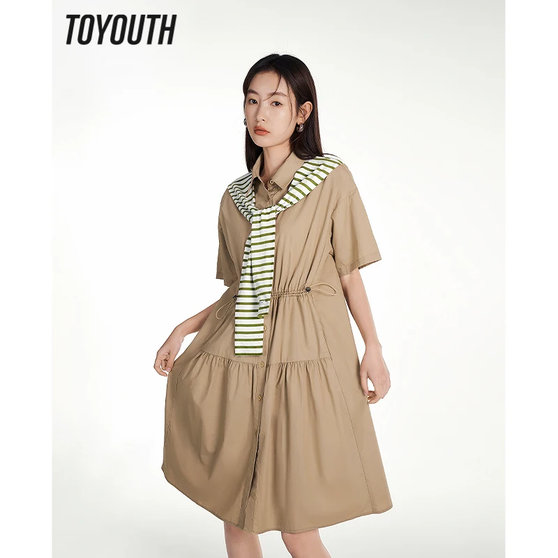 Toyouth Women Fake Two Piece Dress 2023 Summer Short Sleeve Polo Neck A-shape Drawstring Waistband Stripe Pleated Design Skirt