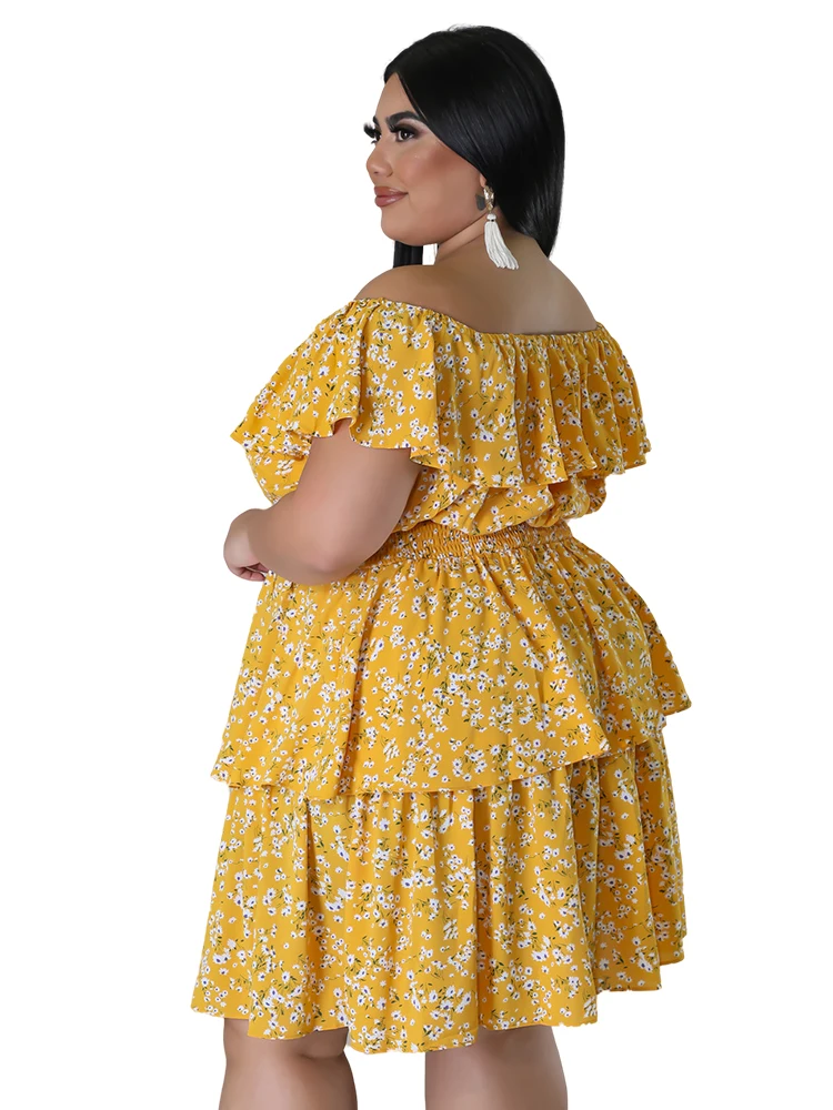 Plus Size Dress for Women  Print Off Shoulder Casual Elegant Midi Spring Summer Casual Short Sleeve Chiffon A Line Dress
