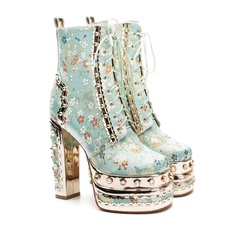 

luxurious pearls super high heels wedding party shoes women's silk embroidery flower thick platform ethnic Ankle boots 2022 new