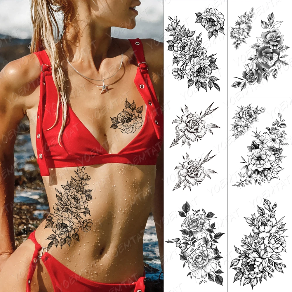 

Rose Peony Waterproof Temporary Tato Sticker Black Sexy Flower Transfer Body Art Fake Tattoos Men Women 3D Waist Flash Tattoo