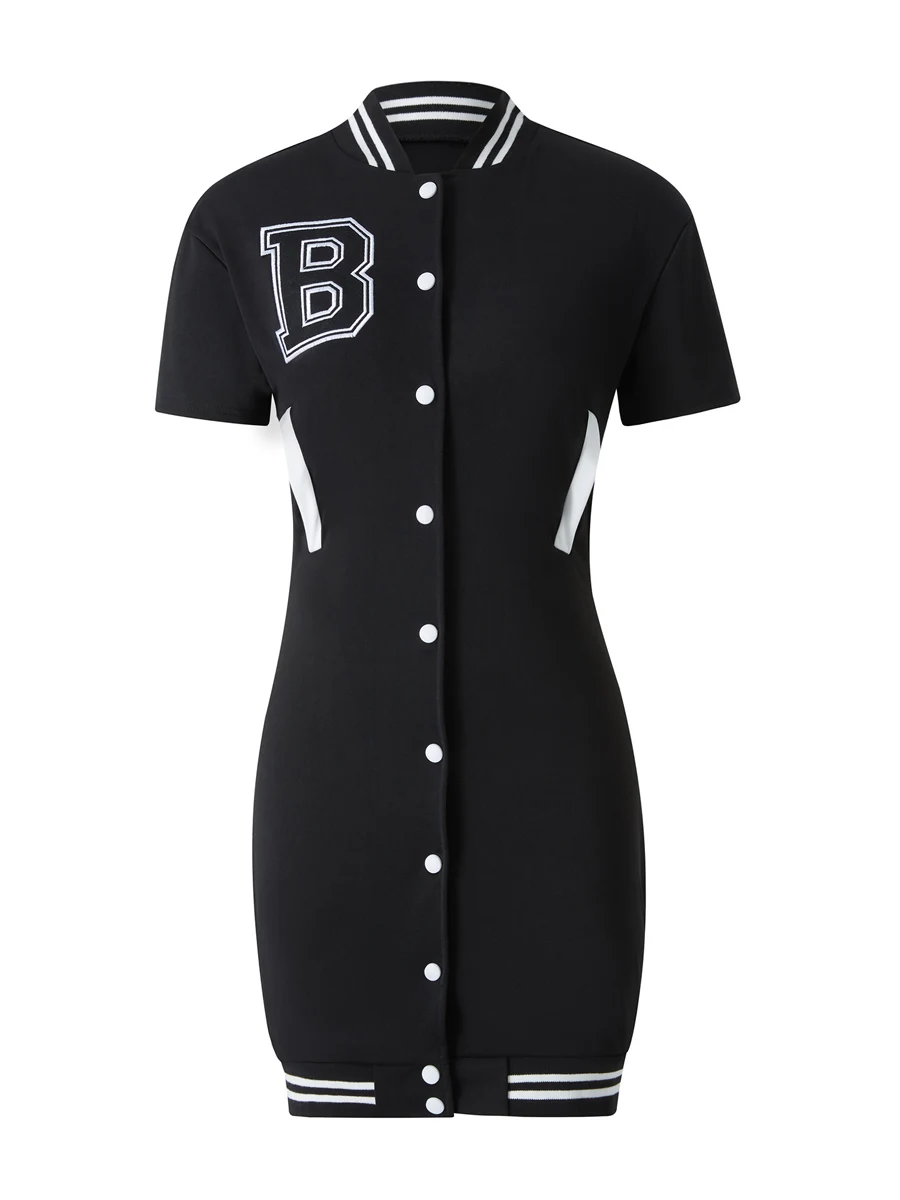 

Yassiglia женское повседневное Спортивное бейсбольное платье с коротким рукавом воротником-стойкой буквенным принтом и полосками на пуговицах