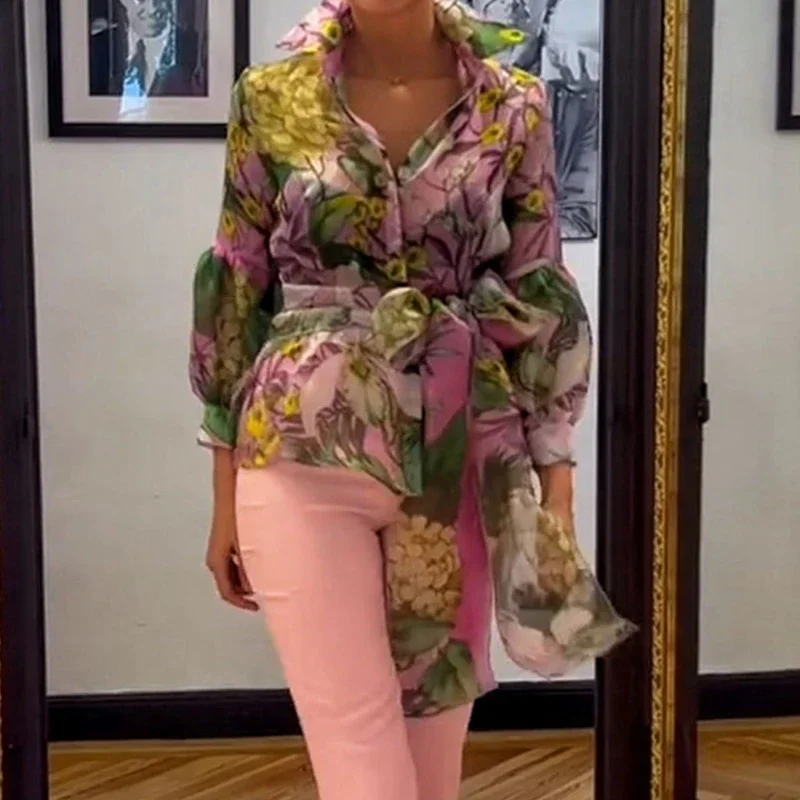 Повседневная рубашка с рукавами-фонариками лацканами + длинная юбка костюм 2024