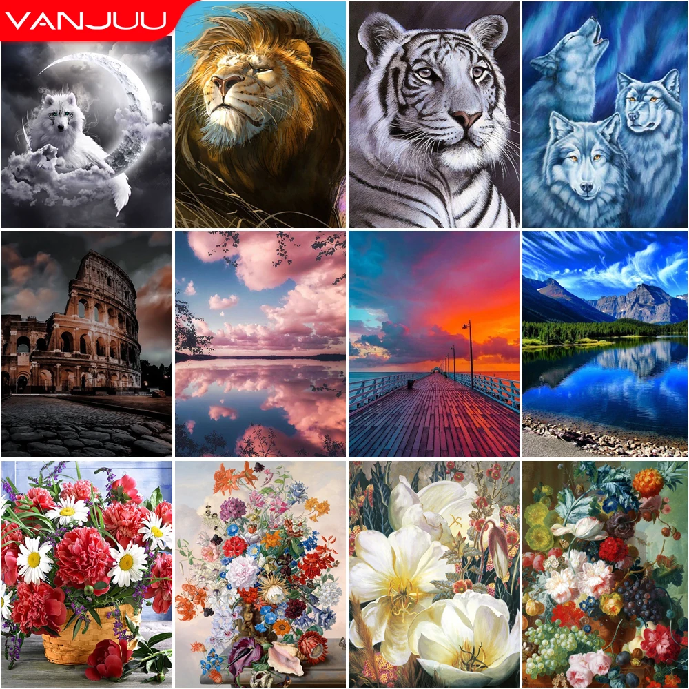 

Flowers 5D Diamond Painting Lion Tiger Roman Wall DIY Diamond Painting Mosaic Full Drill Diamond Embroidery Painting Home Decor