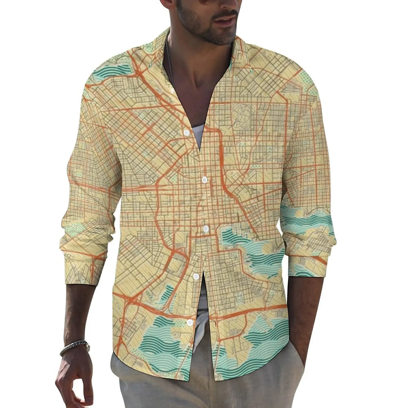 

Рубашка мужская с принтом карты Балтимора, Повседневная блуза с длинным рукавом, свободная с графическим принтом, топ в винтажном стиле, Y2K, ...