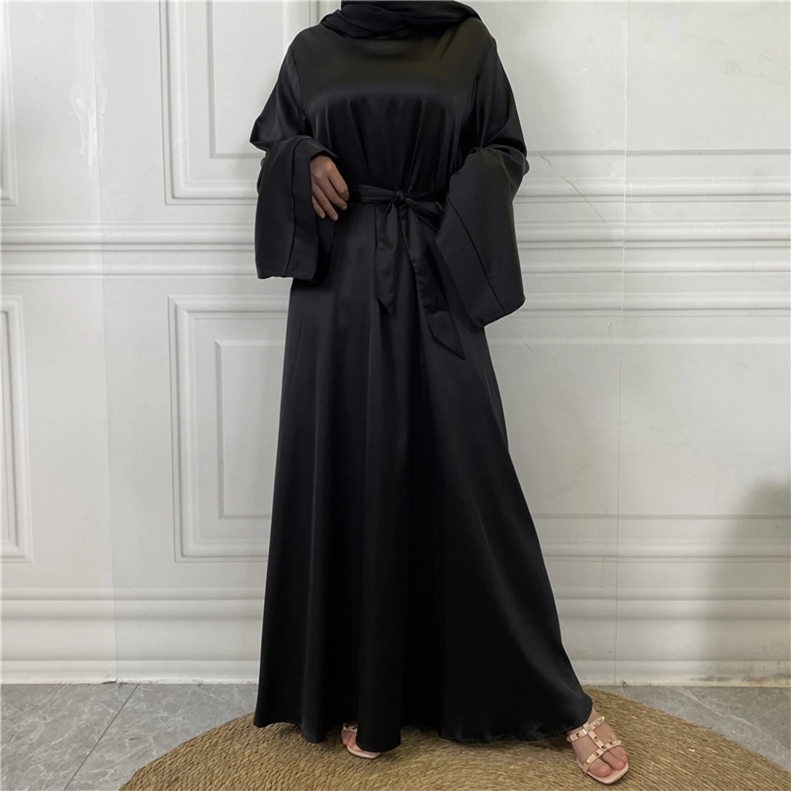 Women's Solid Satin Muslim Dress Casual Long Sleeve O-Neck Abaya for Female Fashion Loose Lace up African Dress Vestidos 2023