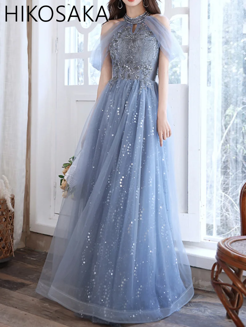 

Elegant Blue Celebrity Dress Sequins Beading Halter with Tassel Sleeve A Line Exquisite Floor Length Prom Evening Gowns 2023 New