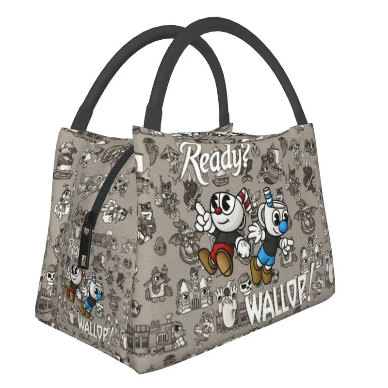 

Hot Game Cartoon Cuphead Mugman Insulated Lunch Bags for Camping Travel Waterproof Thermal Cooler Lunch Box Women