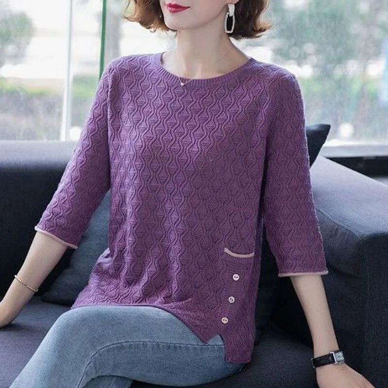 Solid Color Wave Pattern Knitted T-shirt Fashion Summer Button Spliced 3/4 Sleeve Loose All-match Pullovers Women's Clothing