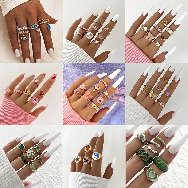 

8Pcs/set Christmas Rings for Women Crystal Christmas Tree Cane Santa Claus Ring Sets Happy New Year Party Jewelry Female Gifts