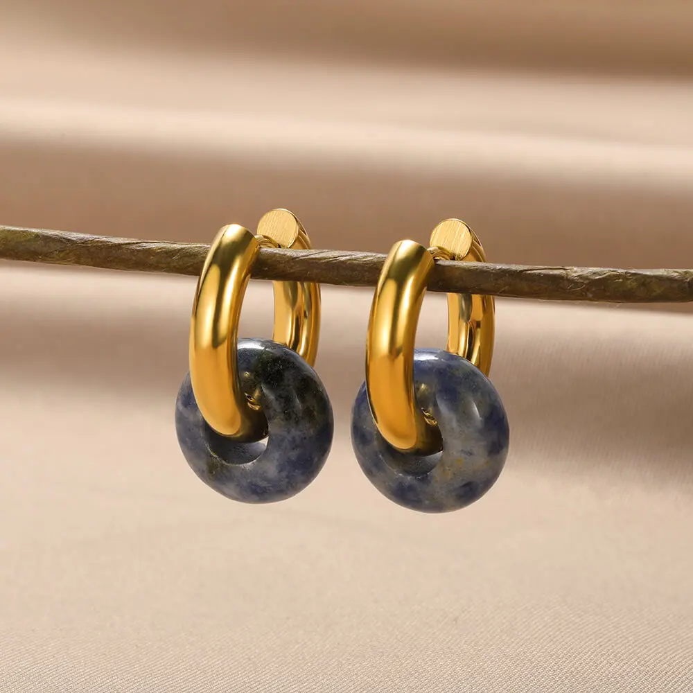 

Vintage Natural Stone Drop Earrings for Women Stainless Steel Gold Plated Geometric Opal Round Earring Jewelry Christmas Gift