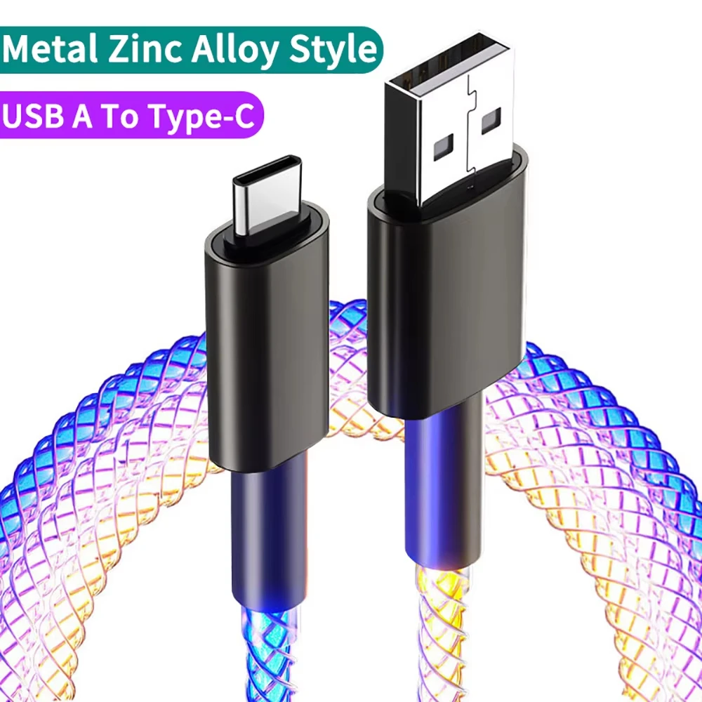 Фото Кабель USB-C для быстрой зарядки 6A 66W с RGB-подсветкой и градиентным эффектом, двойной Type-C, для быстрой зарядки и передачи данных №2