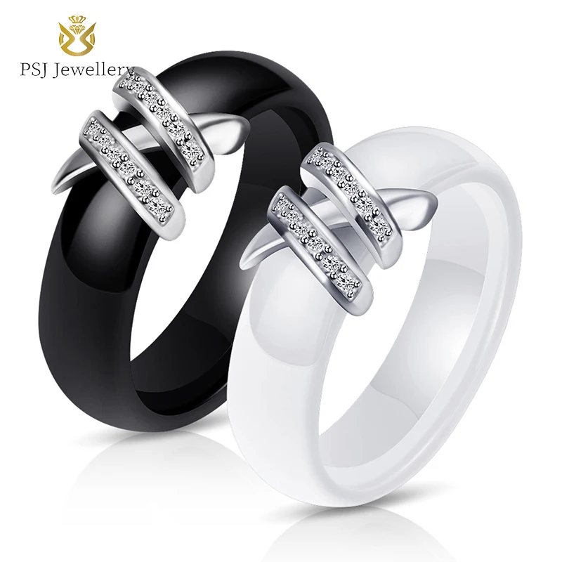 

PSJ Fashion Trendy Jewelry 6MM Stainless Steel Dual Cross Cubic Zircon Inlay Black / White Ceramic Rings for Men Women