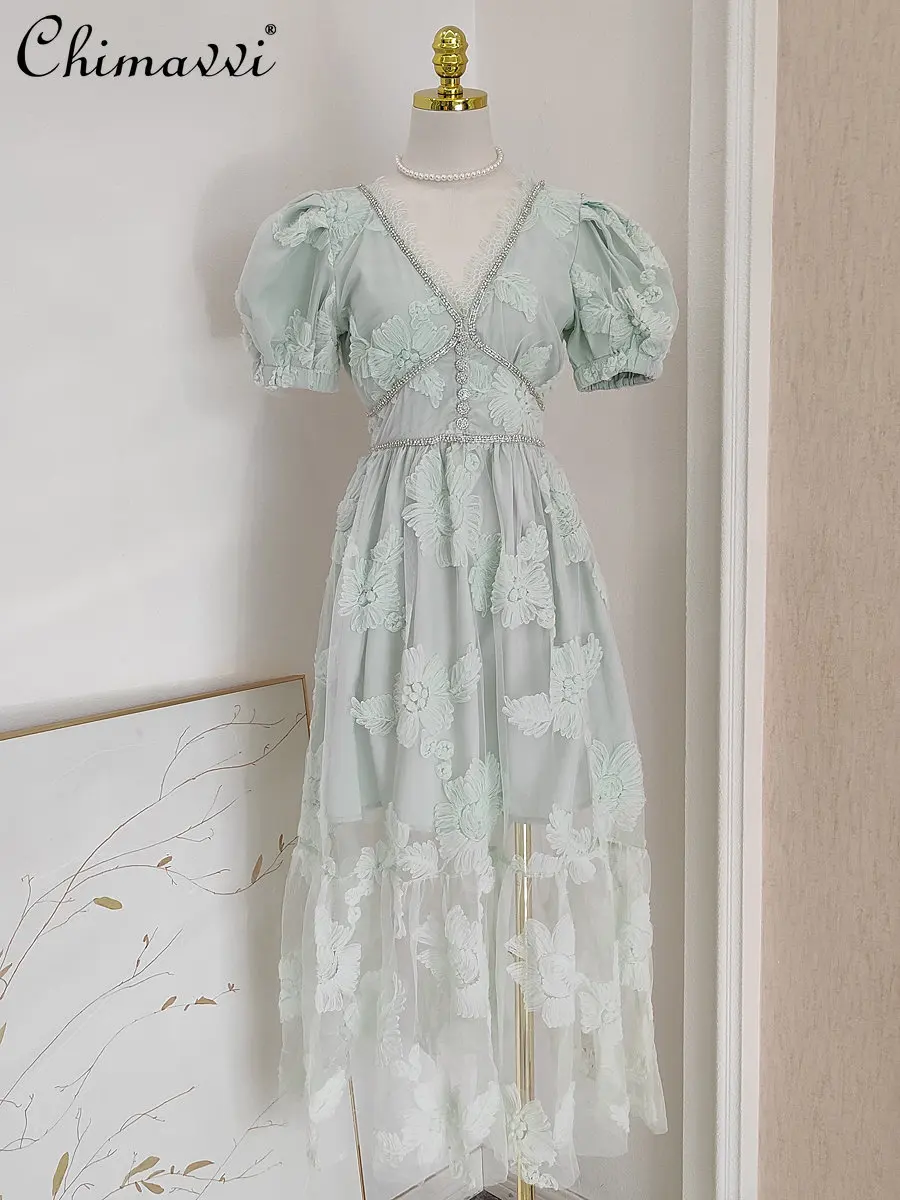 

Женское приталенное платье с кружевными вставками, элегантное Сетчатое платье во французском стиле с V-образным вырезом и коротким рукавом,...