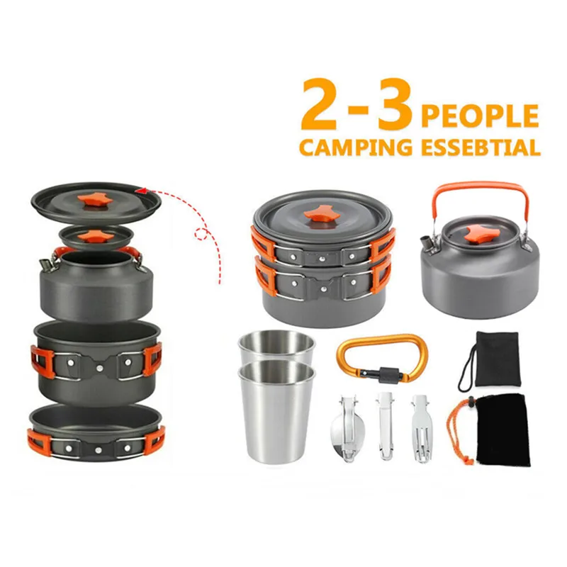 Camping Cookware Set For 2-3 Person Campfire Kettle Pot Folding Fork Spoon Knife Set Backpacking Outdoor Cooking Mess Kit