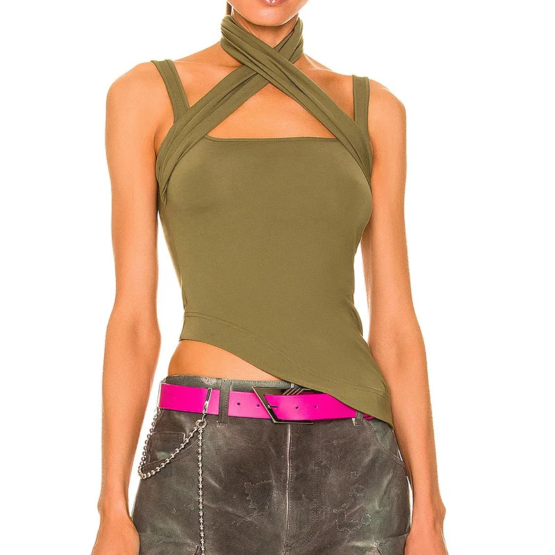 

22 Summer Runway Camisole Women Fashion Solid Sleeveless Asymmetrical Halterneck Bandage Top Elegant Slim Off Shoulder Tank Top