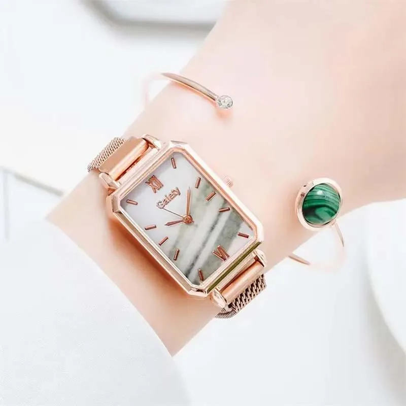 High Quality Fashionable And Versatile Green Bracelet, Alloy Mesh Strap, Korean Version Square Head Women's Watch