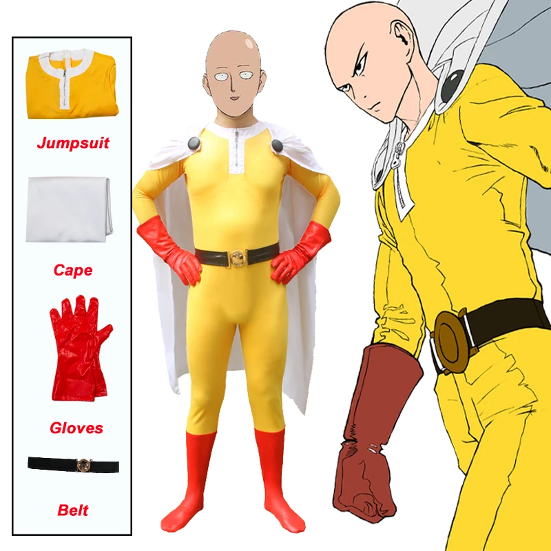 

Anime one punch-man cosplay costume, Kyoto bodysuit cosplay jumpsuit with white cape, adult Halloween costumes for men