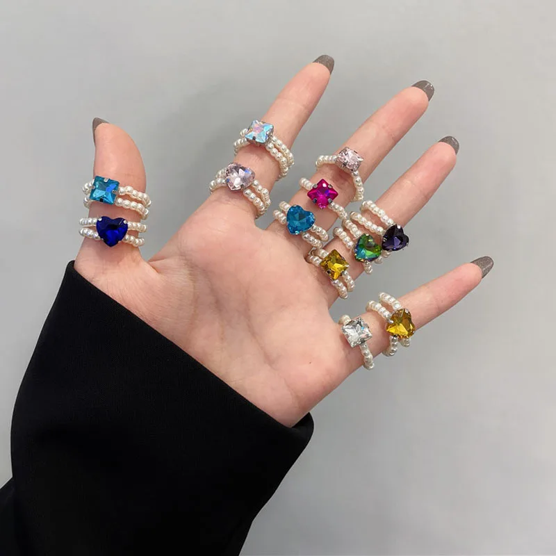 

Multi Beaded Pearl Ring Natural Freshwater Pearl Geometric Rings Women Colorful Crystal Continuous Circle Minimalist Finger Ring