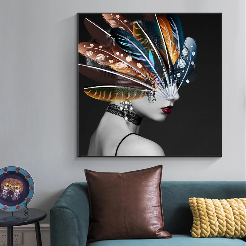 

Portrait Art Canvas Paintings On The Wall Posters And Prints Girl with Feather Canvas Prints Home Wall Decorative Pictures