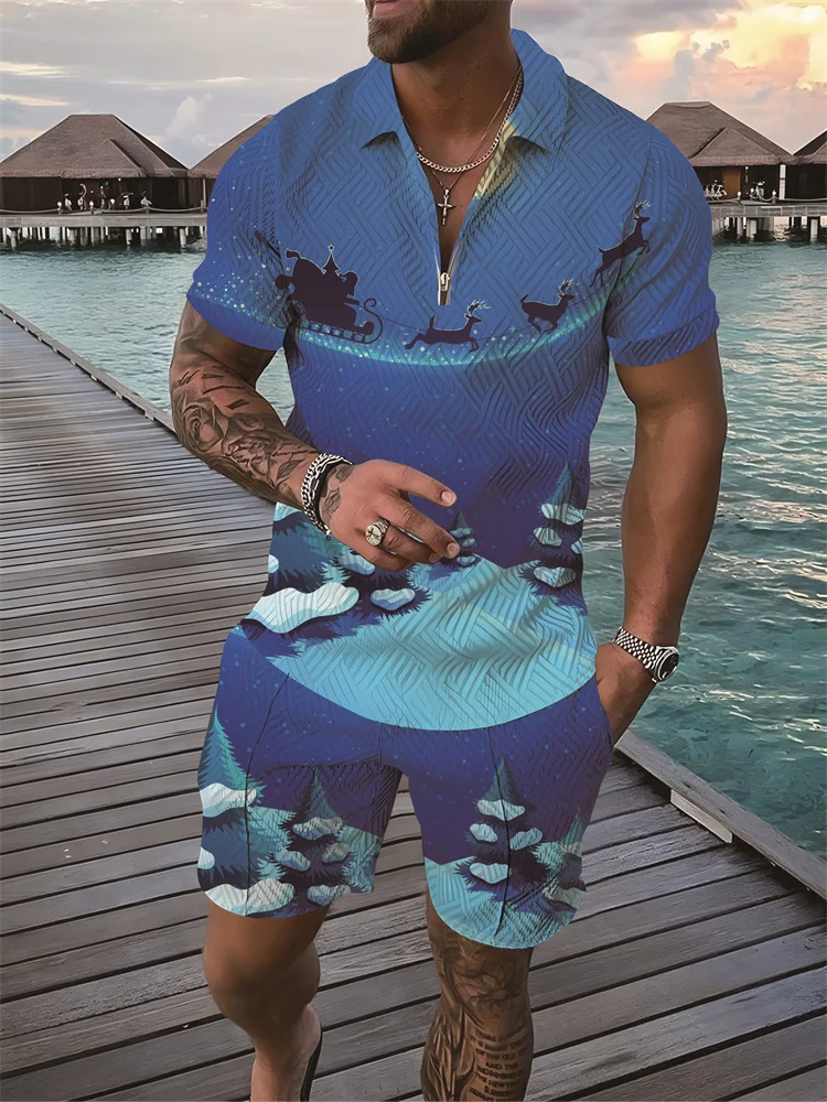 

Мужская спортивная рубашка-поло, Повседневная рубашка-поло на молнии с лацканами и 3D-принтом Санта-Клауса, с короткими рукавами и шортами, лето 2022