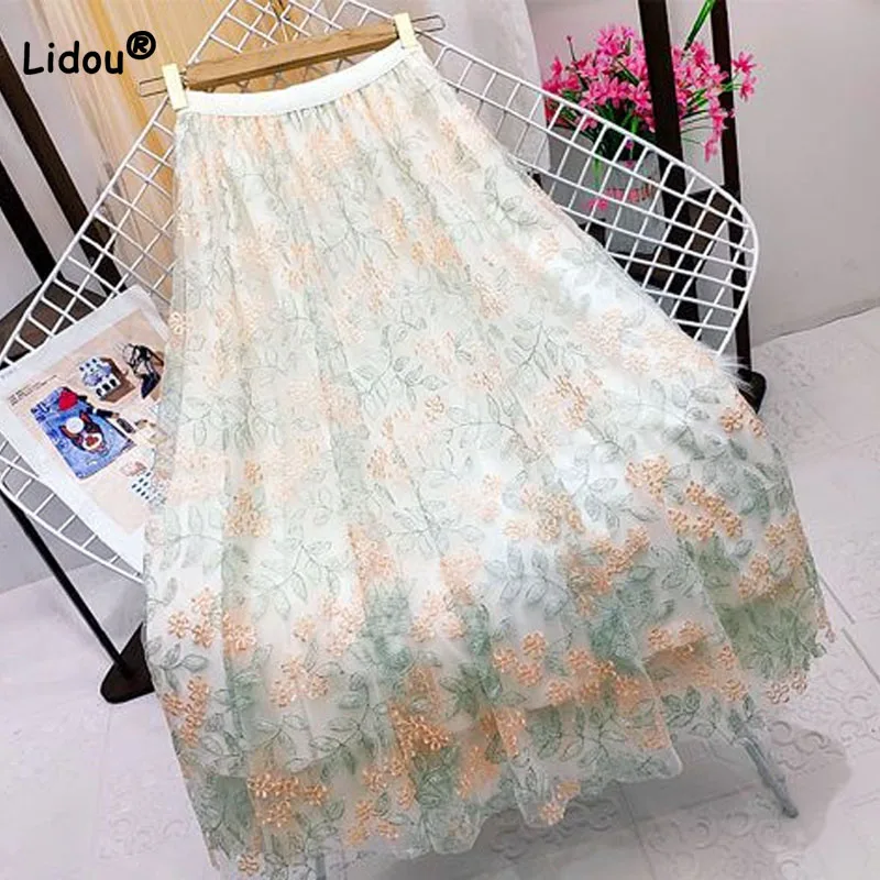 

Summer Elegant Fashion Embroidery Spliced A-Line Skirt Women's Clothing Elastic High Waist Korean Temperament Gauze Skirt Female