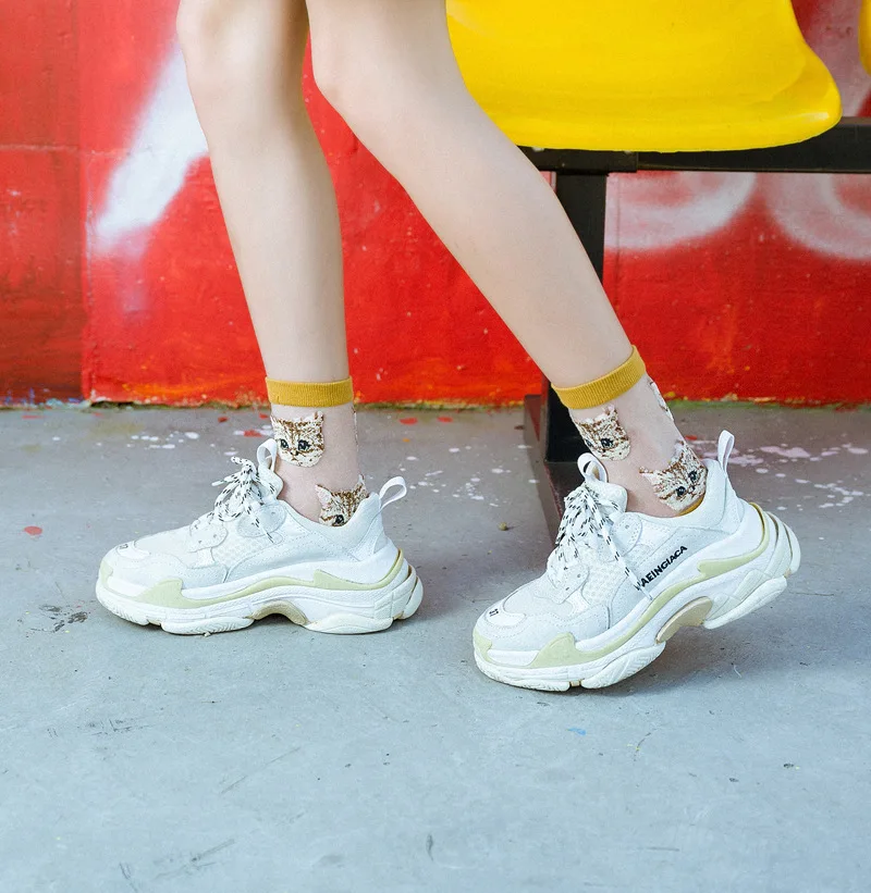 Japanese Transparent Cute Cartoon Cat Print for Women Harajuku Fashion Spring Summer Ultra-thin Funny Silk Socks Kawaii Socks