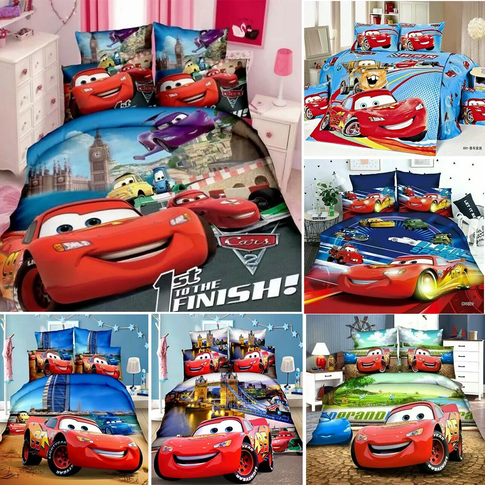 

Наборы постельного белья Disney с пододеяльником McQueen и машинками, простыня, наволочка, одинарный, двойной размер, украшение для спальни, подар...
