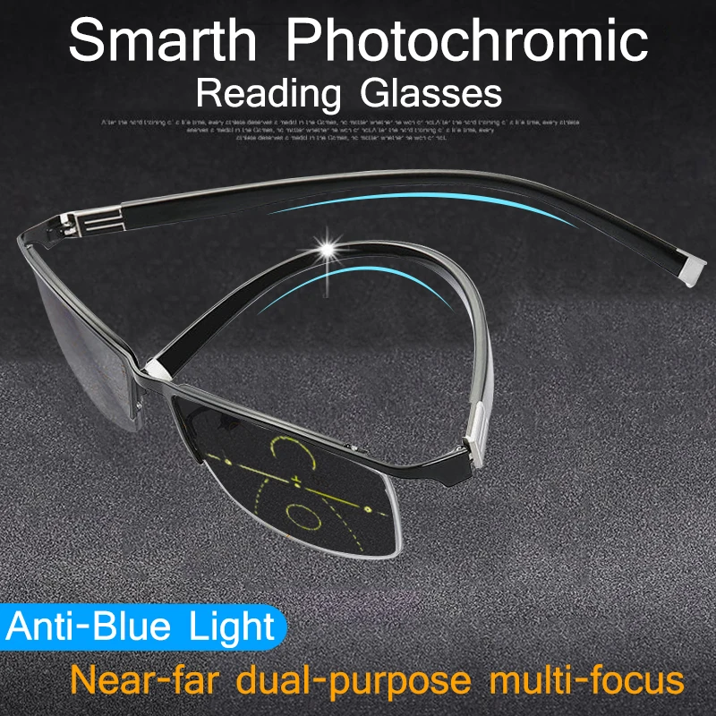 

New Outdoor Progressive Photochromic Reading Glasses Men's Multi-focus half-frame Business Glasses Anti-blue light Goggles 1.0-4