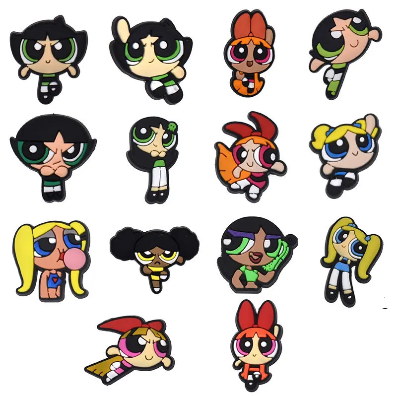1pcs Single Sale The Powerpuff Girls PVC Shoe Buckle Sneakers Souvenir Croc Charms Cartoons Decorations Kids Party X-mas Gifts