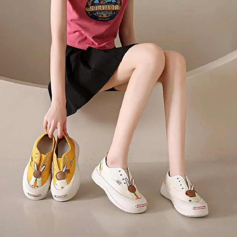 2023 new korean rabbit canvas shoes women's chunky platform trainers summer slip on sneaker woman designer preppy shoes loafers