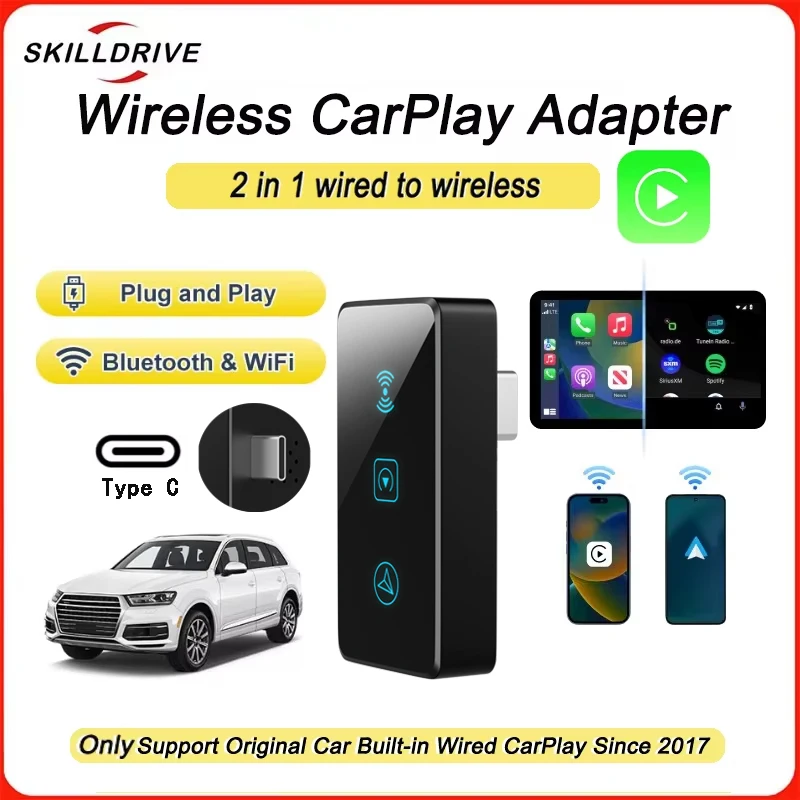 

Беспроводной адаптер SKILLDRIVE 2 в 1, адаптер Carplay с быстрым автоматическим подключением типа C Plug and Play для Audi Toyota Volvo Benz MG Kia
