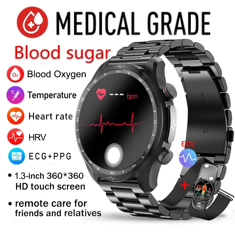 

2023 New Noninvasive Blood Sugar Smart Watch Mens ECG PPG Body Temperature Monitor Blood Pressure Healthy Waterproof Smart Watch