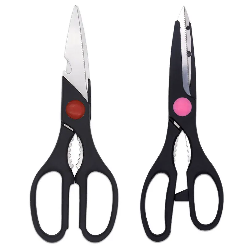 

Functional Stainless Steel PP Handle Chicken Bone Fish Kitchen Scissors With Walnut Clip Bottle Opener Multi-purpose Hand Tool